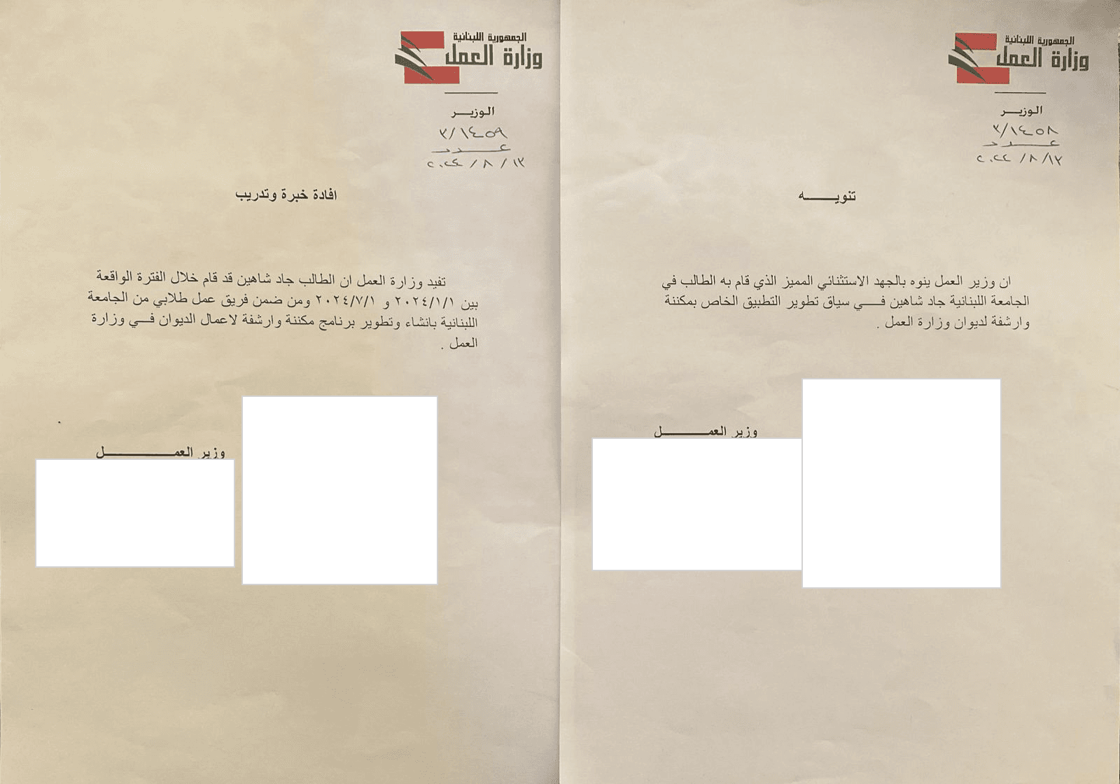 Formal training certificate and commendation letter from the Lebanese Ministry of Labor, with signature and official seal redacted