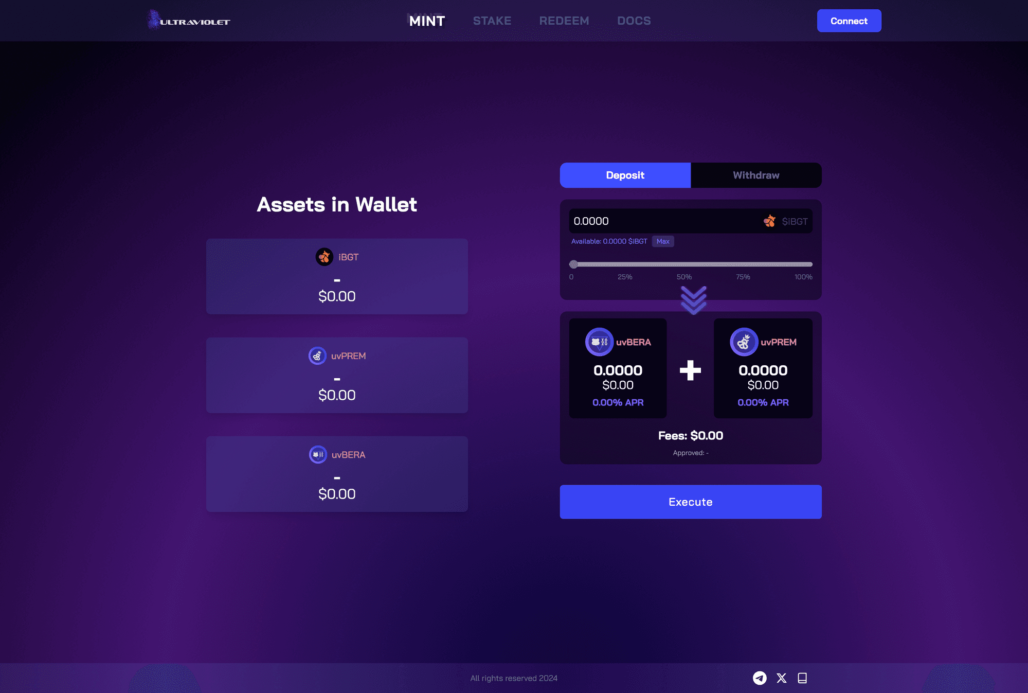 Ultraviolet app interface showing wallet assets and the mint screen for uvBERA and uvPREM
