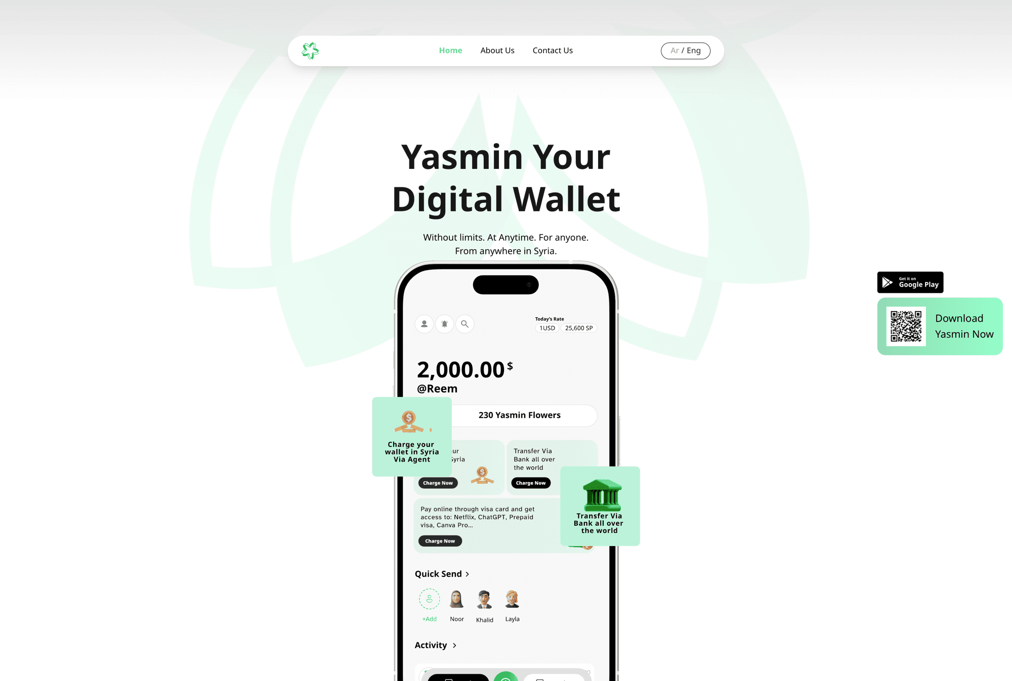 Yasmin landing page showing the wallet app with balance, quick send, and charge options